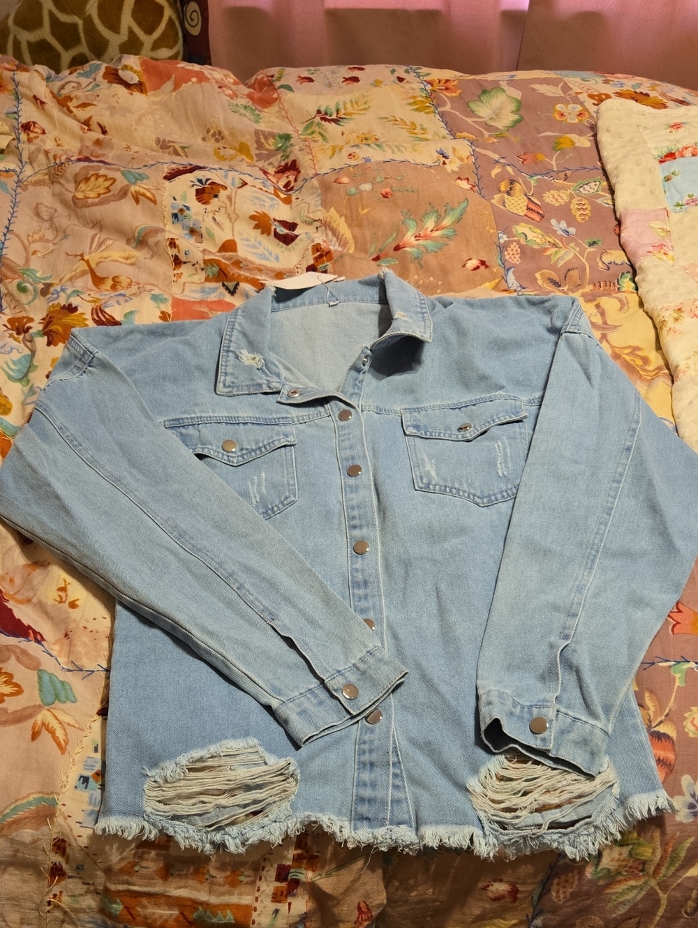 Light Blue Distressed Denim Jacket - Women